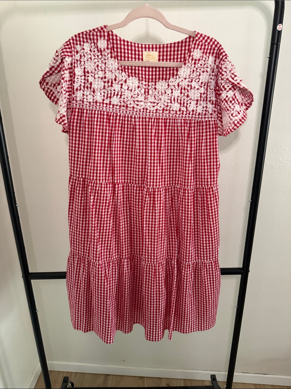 Red Gingham Midi Dress with White Embroidered Yoke - Great Game Day 🤍❤️